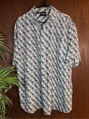 COLORE Italia 100% Silk Button‎ Up Shirt Size M Green Diamond Print Vintage